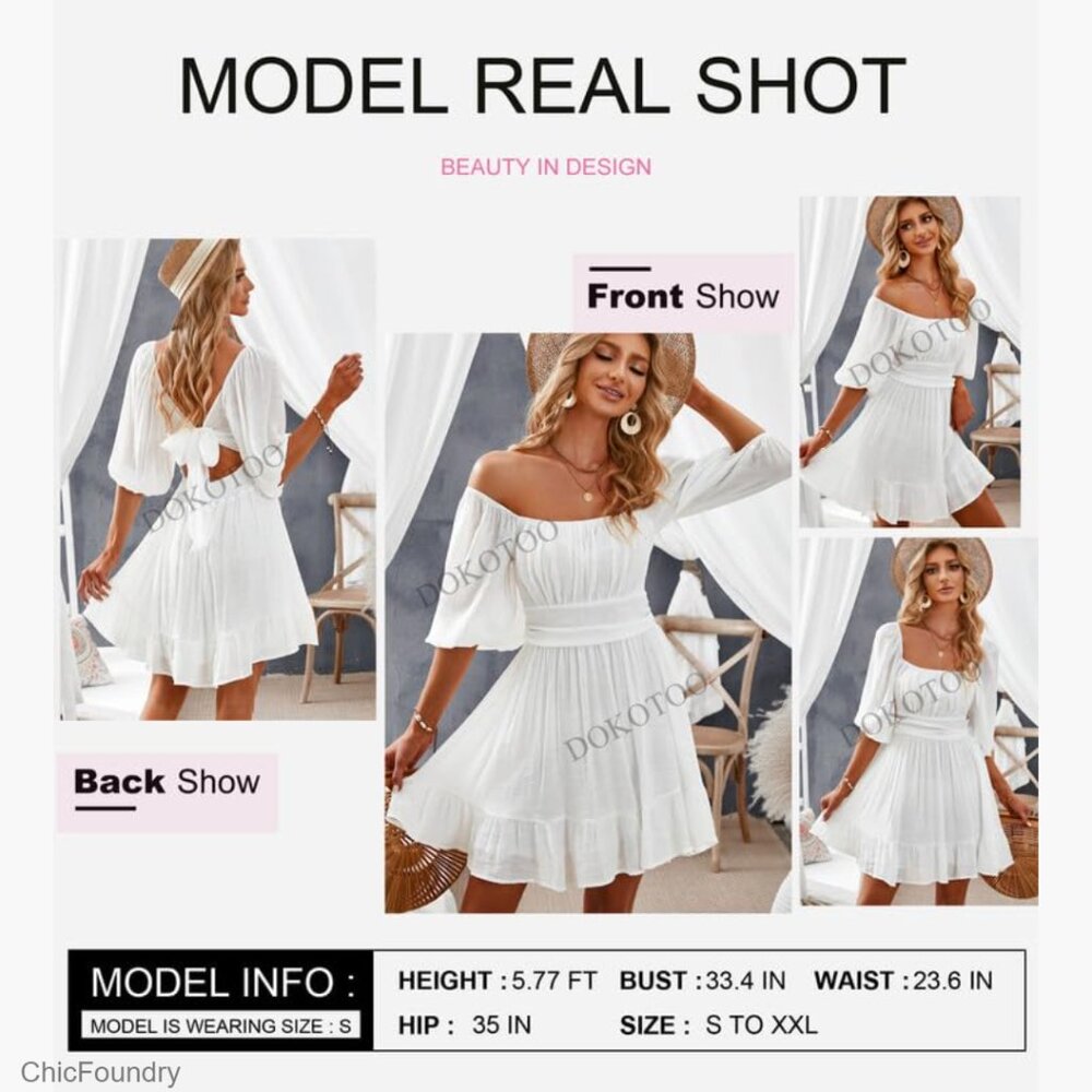 Square Neck Tie Back Lantern Sleeve Ruffle A-Line Casual Summer Dress - Picture 3 of 7